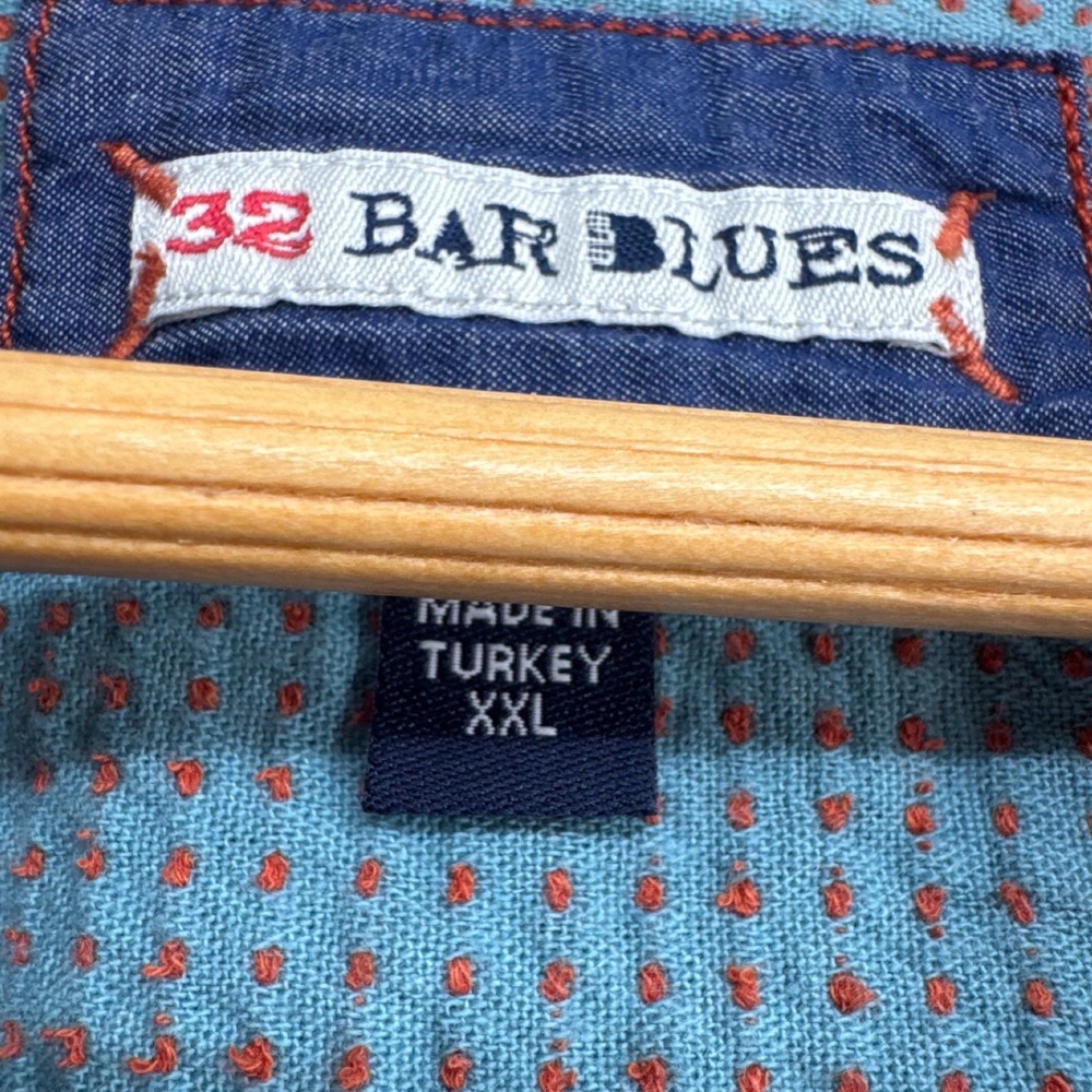 32 Bar Blues Shirt Mens XXL Blue Red Textured Waffle Knit Short Sleeve Button Up - Picture 4 of 7